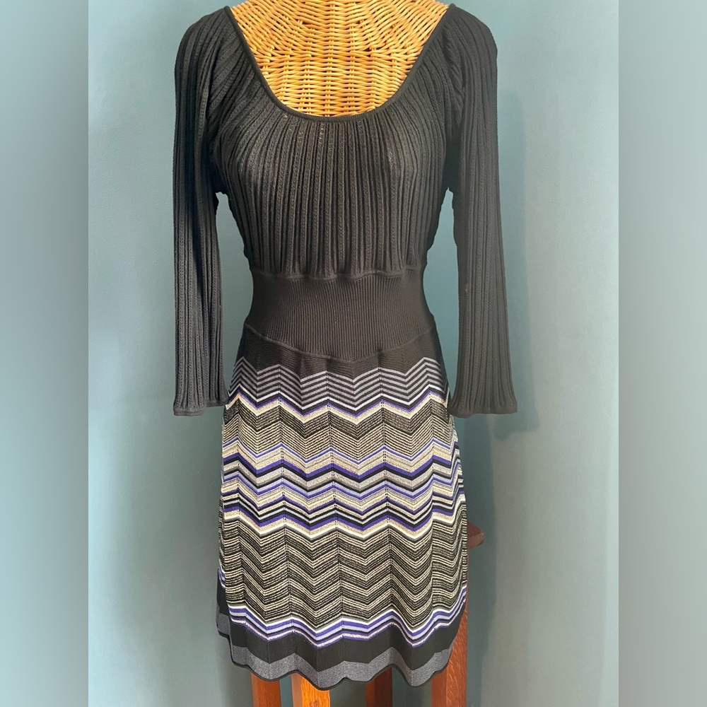 Nine West Sweater Dress Black Purple Gold Metallic Long Sleeve Zig Zag Size L